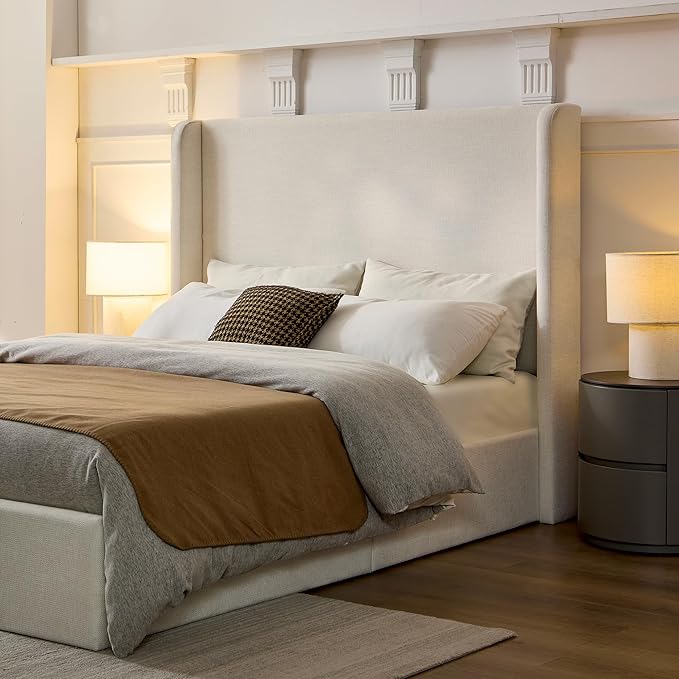 KEIKI King Bed Frame with Upholstered Wingback Headboard, Minimalist Design, No Box Spring Needed – Textured Chenille Upholstery, Ivory