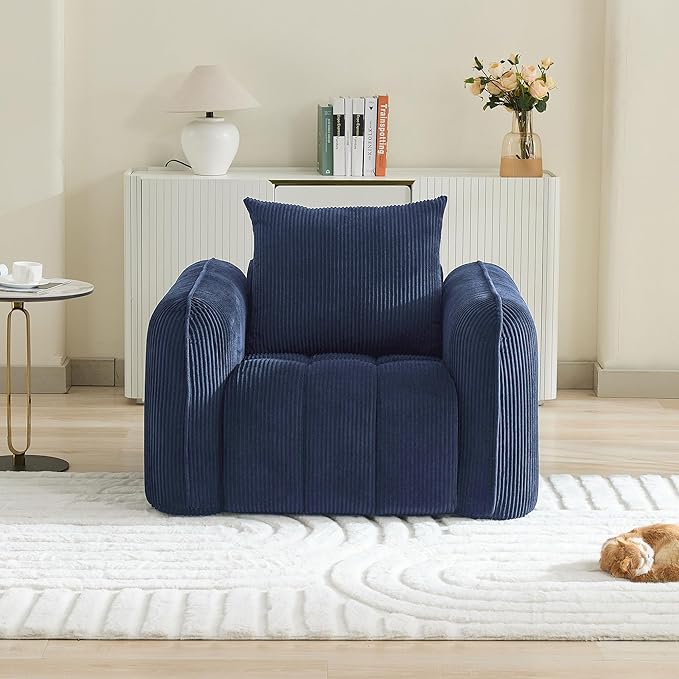 Oversized Boneless Corduroy Accent Chair, Comfy Deep Seat Armchair for Bedroom, Modern Upholstered Living Room Sofa Chair with Pillow, No Assembly, Navy