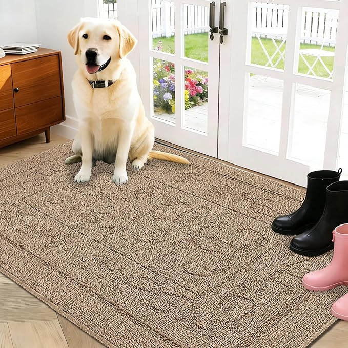 FONEYI Indoor Door Mat, Front Back Door Mat 36" x 59" Non-Slip Rubber Backing Door Rug, Machine Washable Entry Rug, Low Profile Absorbent Dirt Trapper Doormat Inside Floor Mats for Entryway, Beige
