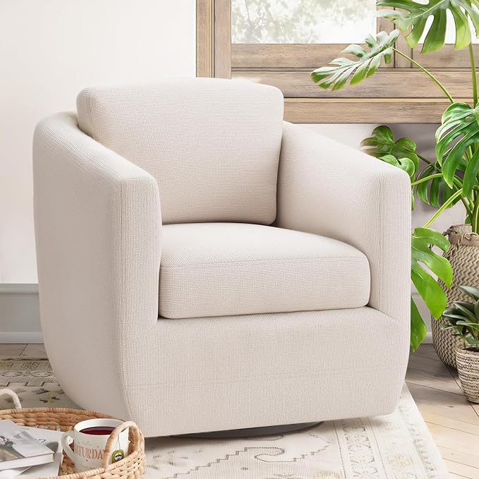 360° Comfy Swivel Accent Armchair with Pillow - Fully Assembled Living Room Single Sofa No-Sag Foam & Sturdy Metal Base, Swivel Accent Chair for Bedroom Living Room, Office, Beige