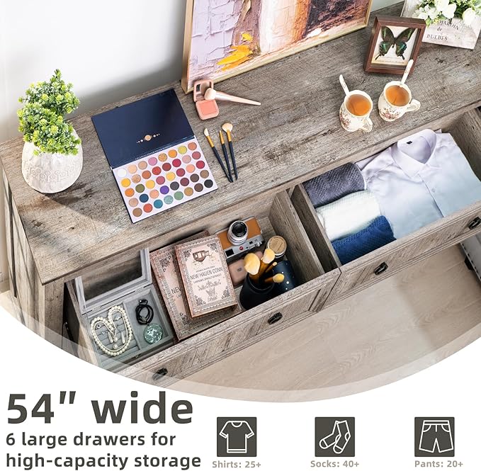 Bedroom Dresser and Nightstand Sets 4 Piece, Farmhouse 6 Drawers Dresser & 40.5" Tall Chest of Drawers, 18" Nightstands Set of 2, 54" Wide Furniture Dressers for Bedroom, Living Room, Grey