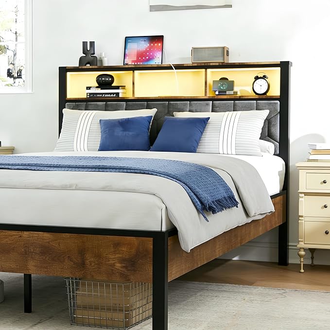 Full Size Bed Frame with Storage Headboard & Charging Station, Platform Bedframe with LED Lights, Upholstered Headboard, Metal Slat Support, No Box Spring Needed