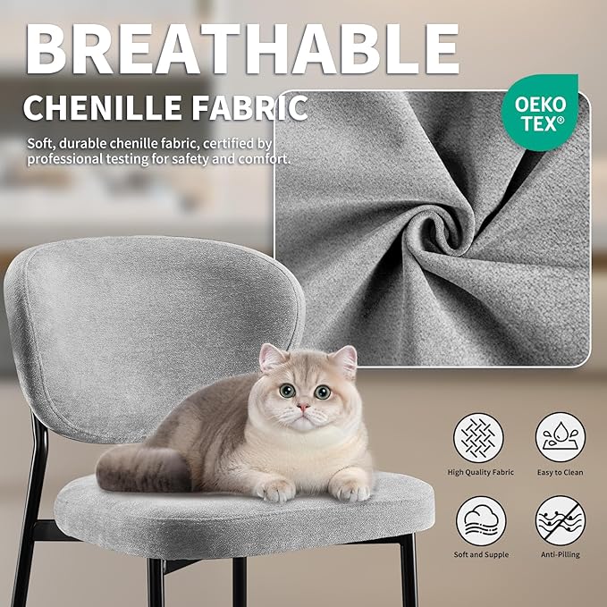 Dining Chairs Set of 4 Modern Chenille Upholstered Kitchen & Dining Room Chairs Wide Seat Filled with 58D Memory Foam Cushion Ergonomic Curved Backrest Vanity Chairs for Restaurant Grey