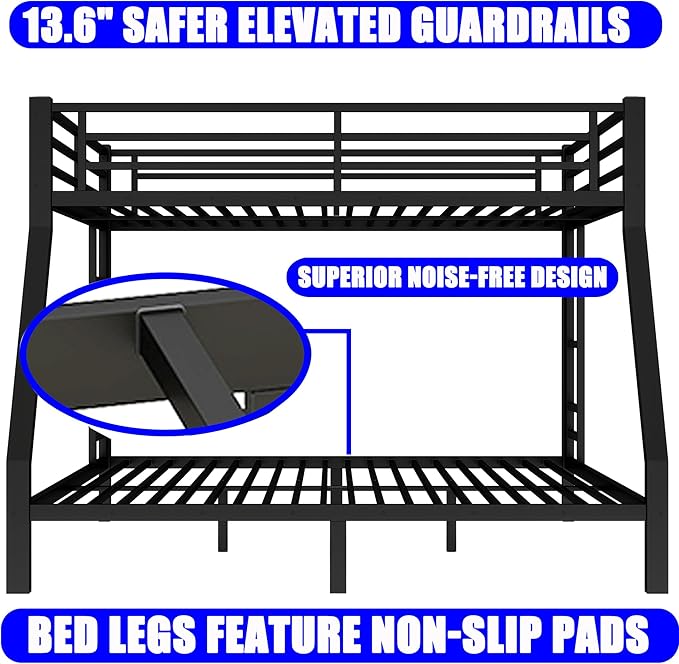 Upgraded Version Thicken Metal Queen Over King Bunk Bed, Heavy-Duty Steel King Bunk Bed, Best Modern Bunkbed King Size for Adults, Easy Assemble (Queen Over King)