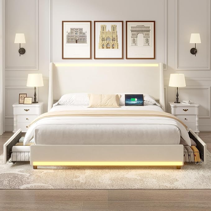VECELO Queen Size Bed Frame with Storage Drawers, Upholstered Platform Bedframe with Wingback Headboard, No Box Spring Needed, Beige