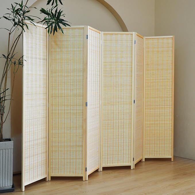 Furnnylane 6 Panel Bamboo Room Divider and Folding Panel Screen,Bamboo Panel Divider for Room Separation,Beige,67" H x 92.1" W