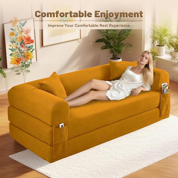 Convertible Futon Sofa Bed,80" Folding Pull Out Couch Bed with Storage,Queen Sleeper Sofa Bed,Compressed Couch in a Box,Corduroy Boneless Couches for Living Room,Yellow