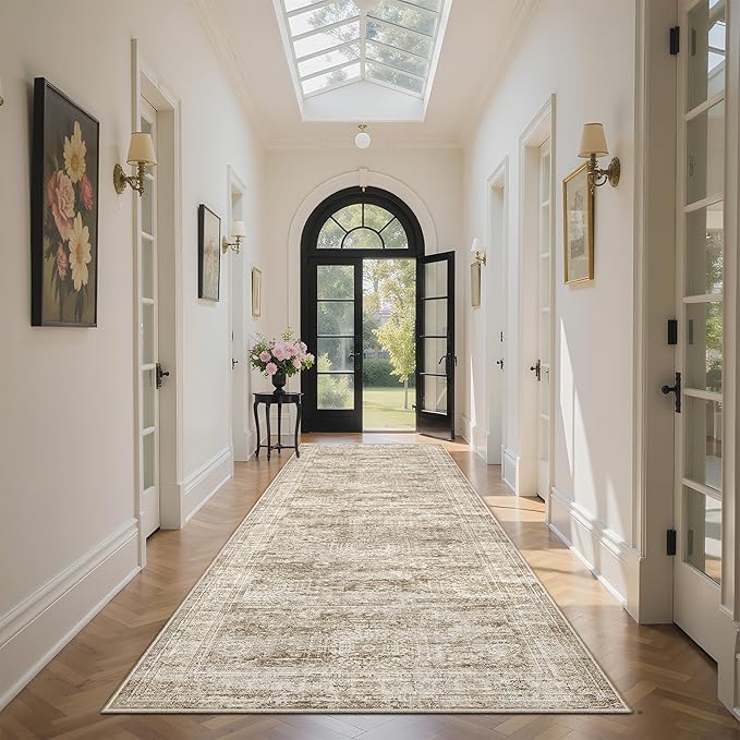Runner Rug 2'6" x 10' Washable Non-Slip Runner Rugs for Kitchen Bathroom Laundry Room Vintage Ultra Thin Runners for Hallway Entryway Brown