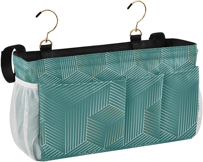 Bedside Caddy Hanging Bunk Bed Caddy Bed Organizer Hanging Pocket with 2 Hooks Bedside Storage Organizer Pocket Bag Holder Geometric Green