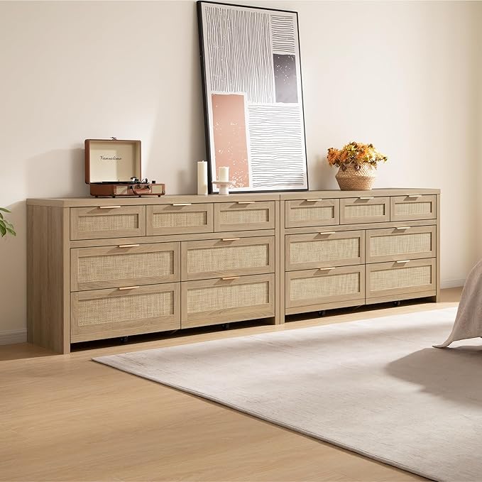 SICOTAS 7 Drawer Dressers for Bedroom Set 2, Long Rattan Dresser, Dresser TV Stand, Closet Organizer Chest of Drawers, Clothes Storage Dressers (Reclaimed Light Oak, 7 Drawers (2 pcs))