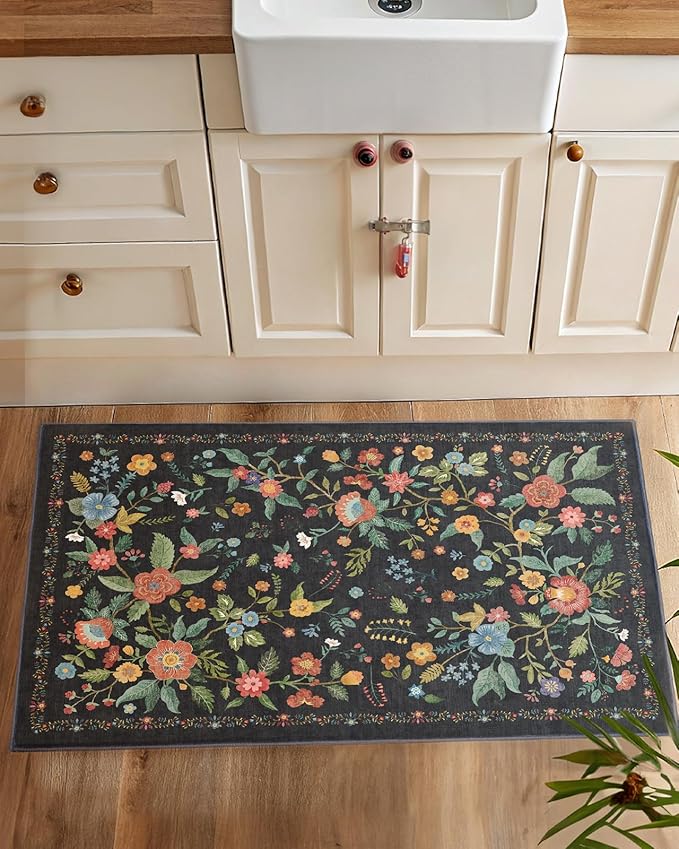 Amada 2x3 Washable Area Rug, Non-Slip & Low-Profile Entryway Rug with Reinforced Edge Binding, Boho Floral Pattern, Soft Small Rugs for Entryway, Kitchen, Living Room