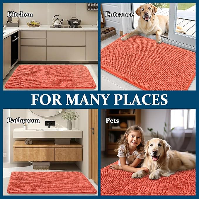 OLANLY Dog Door Mat for Muddy Paws 47x32, Absorbs Moisture and Dirt, Absorbent Non-Slip Washable Doormat, Quick Dry Chenille Mud Mat for Dogs, Entry Indoor Entryway Carpet for Inside Floor, Coral