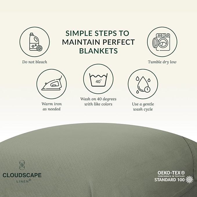 Cloud Scape Linen 100% Cotton Blanket 92x92 Olive Green - Cozy Herringbone Weave, Fits Up to for Full Size Beds, Breathable Softness, All-Season Warmth, Winter Blanket, for Women
