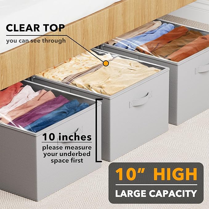 SpaceAid 3 Pack 10" High Under Bed Storage Containers, Large Underbed Storage Organizer Bins with Lids for Bedroom, Dorm, Clothes, Closet Organization, Bed Sheets and Blankets (Gray)