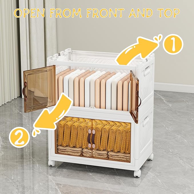 Storage Bins with Lids and Wheels, 220QT-110QT*2Tier Collapsible Bathroom Storage Cabinet with Clear Doors, Plastic Stackable Closet Organizers and Containers White