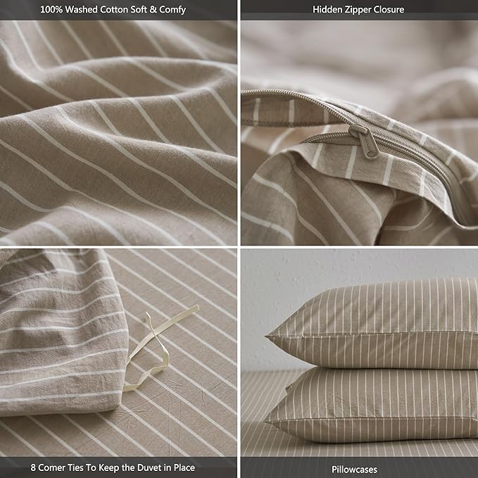 MooMee Striped Duvet Cover Set 100% Washed Cotton Linen Like Textured Breathable Durable Soft Comfy (Tannish Linen Grey White Wide Stripes, Oversized King Plus 128"x120")