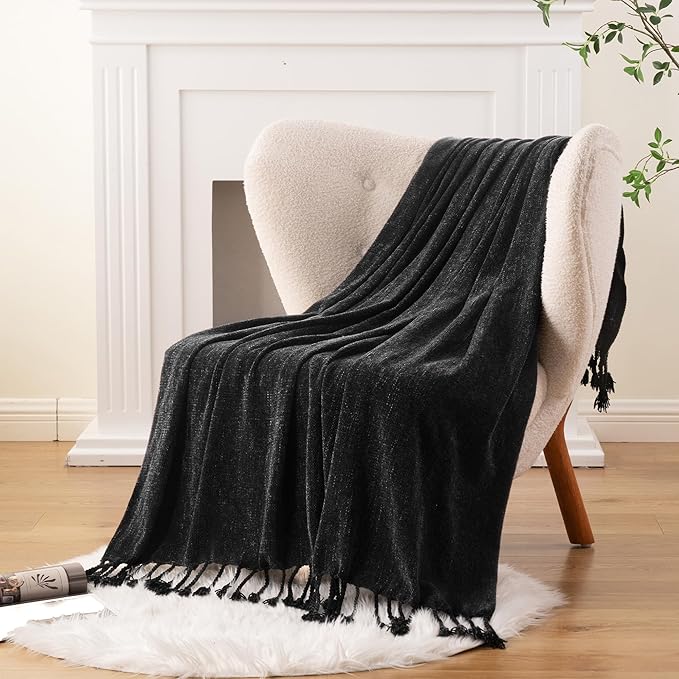BATTILO HOME Black Throw Blanket for Couch, Bed, Sofa - Soft Cozy Chenille Throw with Fringe Tassels, Lightweight Chenille Knit Throw for Home Decor, 50"x60"