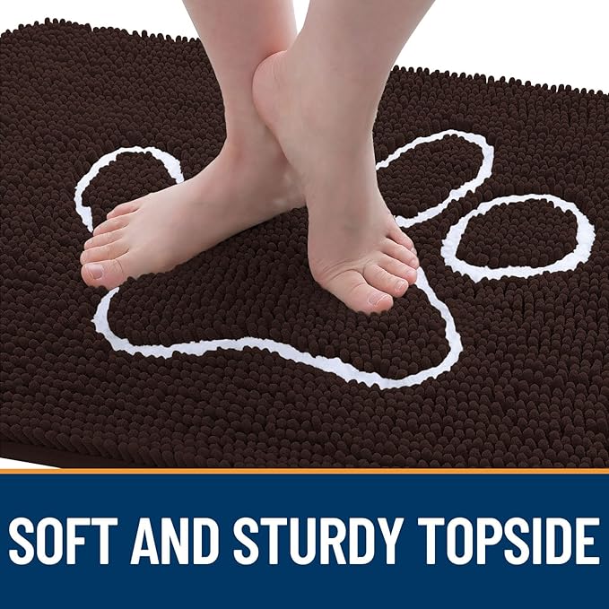 OLANLY Dog Door Mat for Muddy Paws 48x30, Paw Print Design, Absorbs Moisture and Dirt, Absorbent Non-Slip Washable Doormat, Quick Dry Chenille Mud Mat for Dogs, Entry Indoor Entryway Carpet, Brown