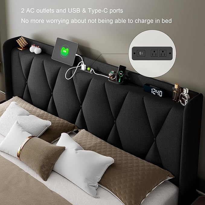 Feonase King Size Bed Frame with 4 Storage Drawers, Upholstered Platform Bed with Charging Station, Wingback Storage Headboard, Wooden Slats Support, No Box Spring Needed, Easy-Assembly, Black