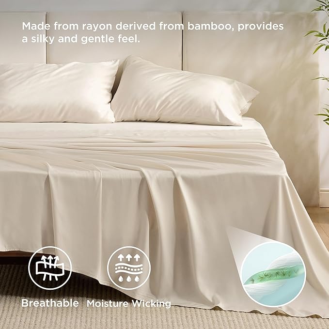 Bedsure Full Size Bed Sheets, Cooling Sheets, Rayon Derived from Bamboo, Breathable & Soft, Deep Pocket Up to 16 Inches, Hotel Luxury Silky Bedding for Hot Sleepers, Light Beige