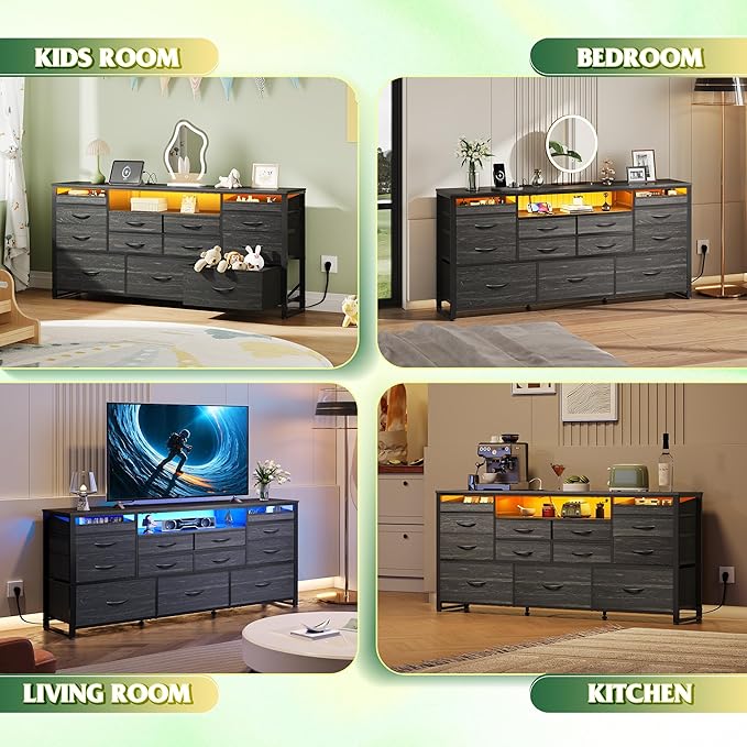 WLIVE Black TV Stand for 55, 60, 65 inch TV, Entertainment Center with LED Lights & Charging Station, TV Media Console Table with 13 Fabric Drawers and Open Shelves for Living Room, Hallway, Wood Top