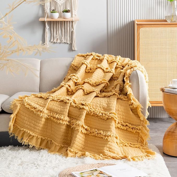 Ultra Soft Pre-Washed Warm Quilted Throw Blanket, Ruffle Fringed Yellow Boho Decorative Throw, Stone Washed Chic Rustic Blanket for Sofa Couch Bed Chair, 50"x 60"