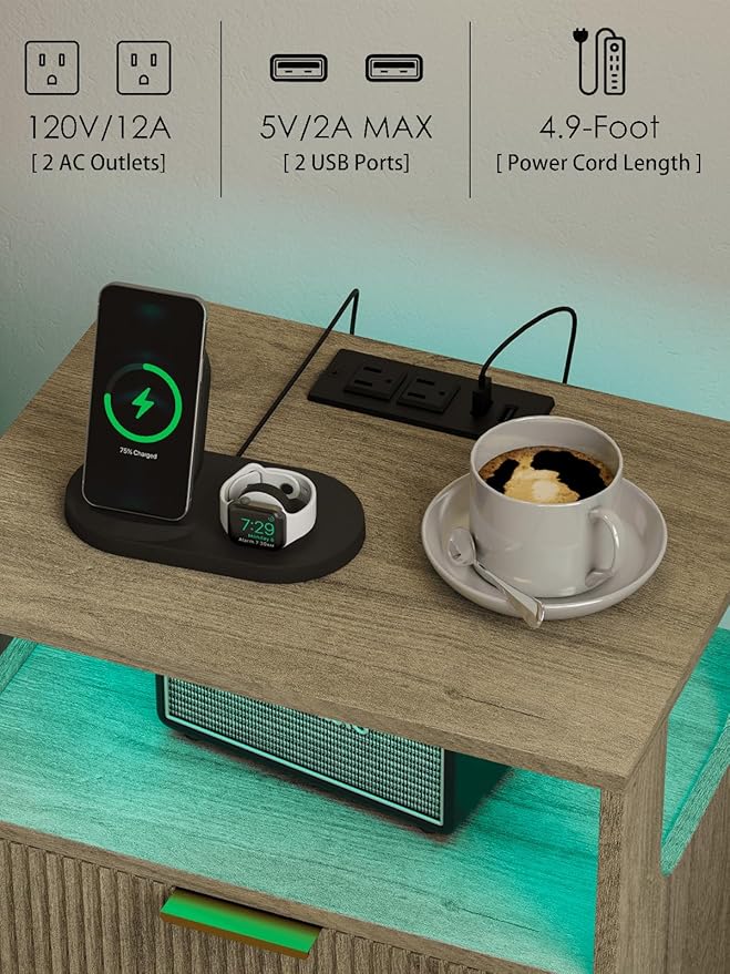 Nightstand with Charging Station and LED Lights, Modern Bedside Table with 2 Storage Drawer and Open Wood Shelf for Bedroom and Small Spaces, Night Stand with Solid Wood Legs