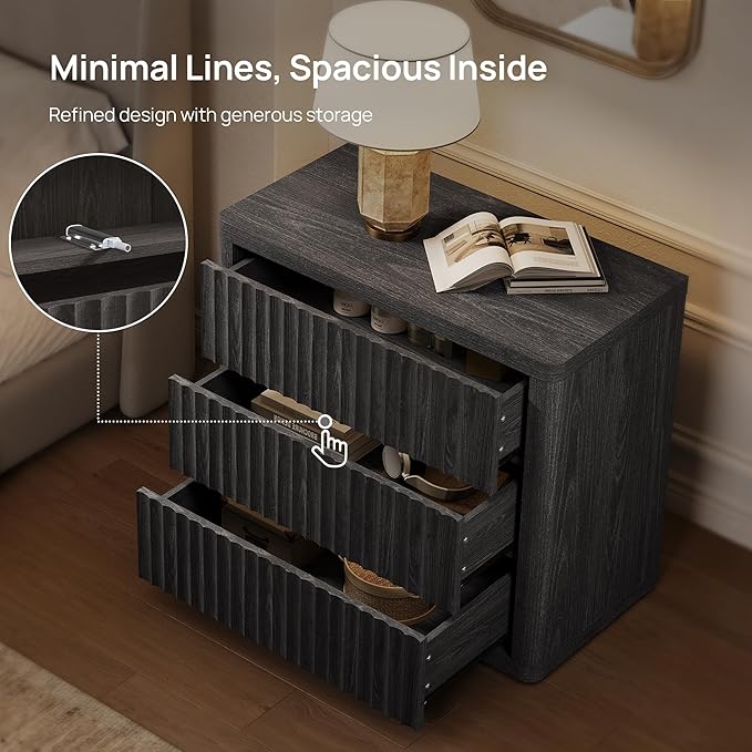 SICOTAS Night Stand Set 2 - Oversized Extra Large Bedside Table Modern Side Table with Storage Fluted 3 Drawer Nightstand 27.5" W End Tables Dorm Room Nightstands for Bedroom Sofa Couch Home Office