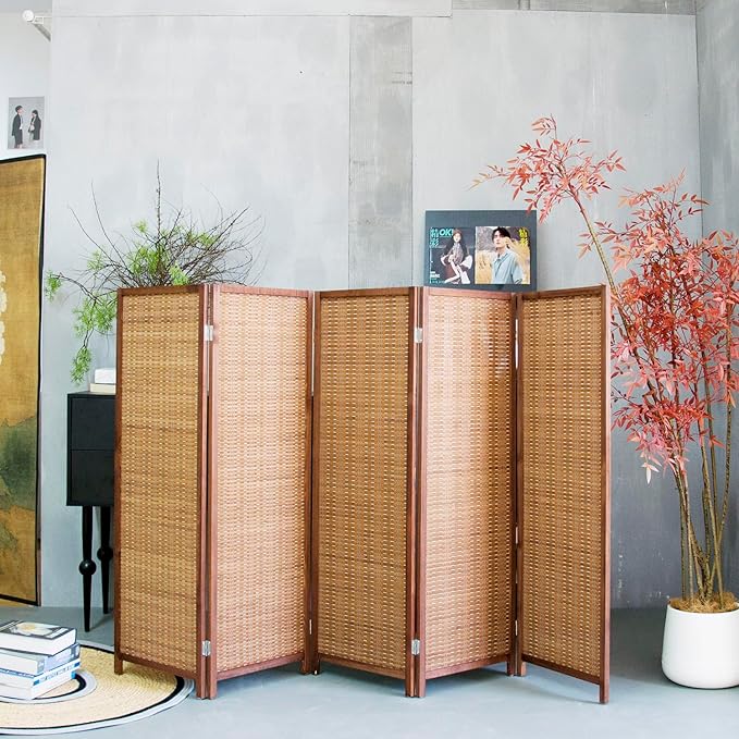 5 Panel Short Room Divider Screen,Brown Freestanding Partition,Small Bamboo Panel Divider for Room Seperation,3.95 FT Tall