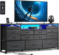 WLIVE Black TV Stand for 55, 60, 65 inch TV, Entertainment Center with LED Lights & Charging Station, TV Media Console Table with 13 Fabric Drawers and Open Shelves for Living Room, Hallway, Wood Top