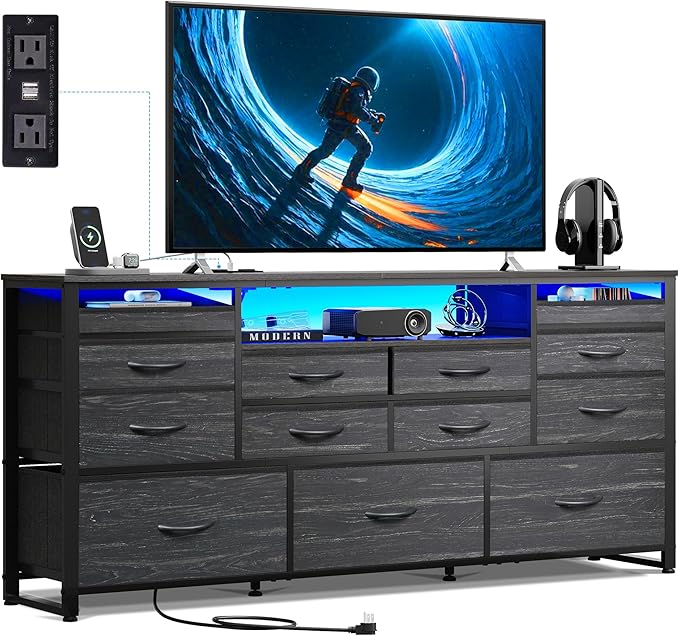 WLIVE Black TV Stand for 55, 60, 65 inch TV, Entertainment Center with LED Lights & Charging Station, TV Media Console Table with 13 Fabric Drawers and Open Shelves for Living Room, Hallway, Wood Top