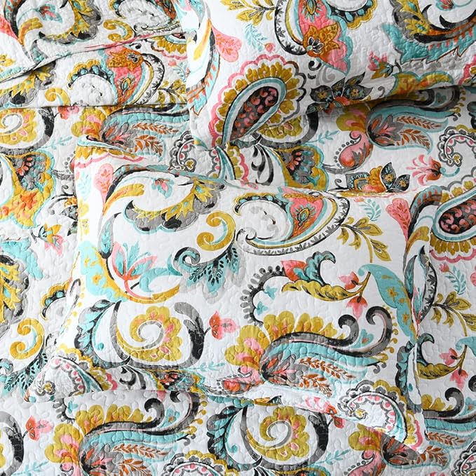 Cotton Bedspread Quilt Sets Reversible Bedding Coverlet Sets Comforter Paisley Floral Bedspread (White Paisley Floral, Queen Size)