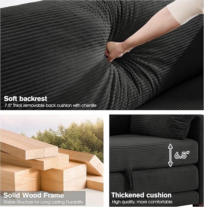51" Loveseat Sleeper Sofa Bed, Corduroy Convertible Floor Sofa Bed for Small Spaces, Folding Couch Bed with Deep Seat, 2 Pillows & Solid Frame, Pull Out Floor Couch for Living Room, Black