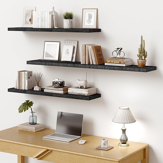 Vivelove 48 Inches Floating Shelves Wall Mounted, 10" Deep Wall Shelves for Bedroom, Bathroom, Living Room, Kitchen, Office, Home Decor, Modern Shelf, Set of 2, Black, 48x10.2x1.5