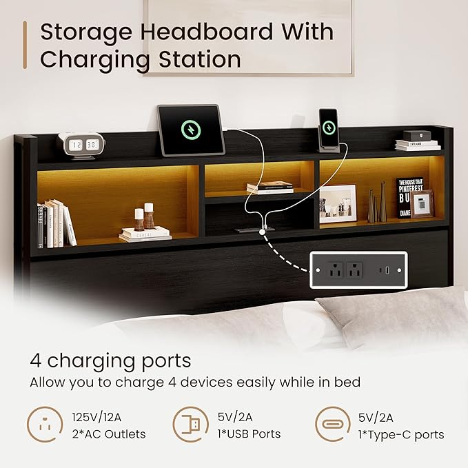 King Storage Bed Frame with 6 Drawers, USB Charging Station, No Noise, No Box Spring Required, Vintage Black Headboard Platform Bed