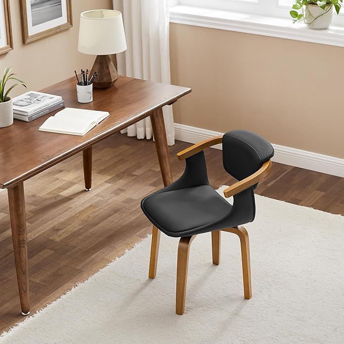 Art Leon Office Chair No Wheels - Mid Century Modern Swivel Desk Chair, Faux Leather Upholstered Accent Chair for Living Room Bedroom Study, Black