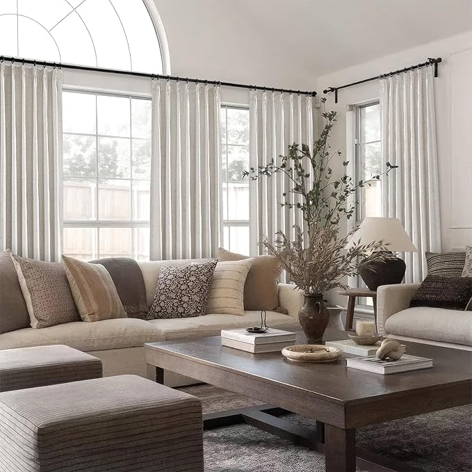 Topfinel 105 Inches Long Custom Black Out Faux Thick Linen Drapery Panels, Pinch Pleated Heat Reflective Cream Curtains with Pin Hooks, Luxury Lined Back Tab Drapes 2 Panels for Living Room