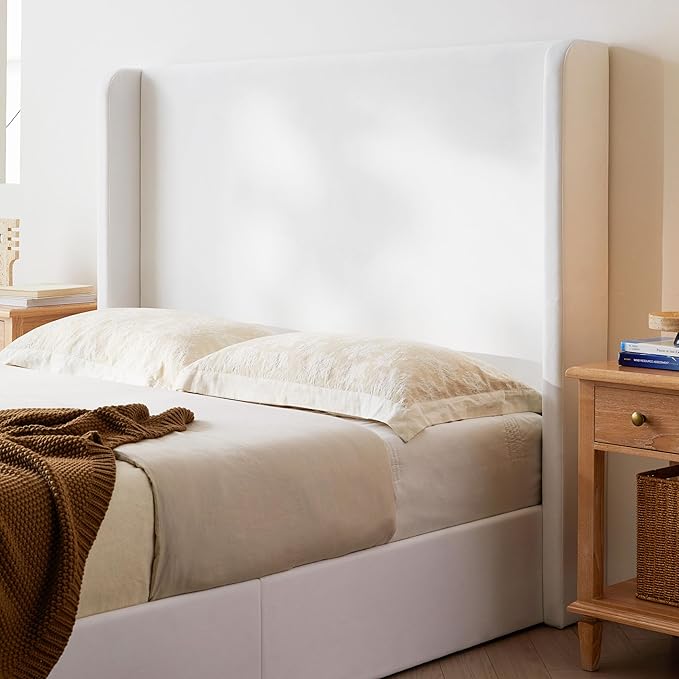 King Size Upholstered Bed Frame, 52.3" High Headboard Carmen Wingback Bed Frames, Tall Headboard Floor Platform Beds, No Box Spring Needed No Noise Minimalist Coconut Micro Suede, White