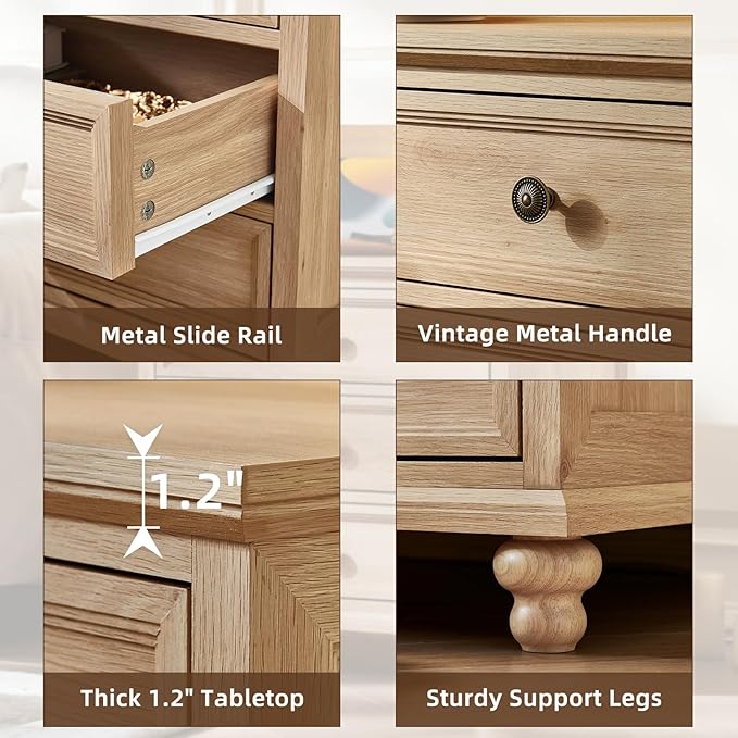 24" Wide Farmhouse Nightstand with Charging Station Set of 2, 45" Tall Rustic Chests of 5 Drawers w/ 4 Solid Wood Feet, Farmhouse Furniture Series for Living Room,Bedroom,Wood