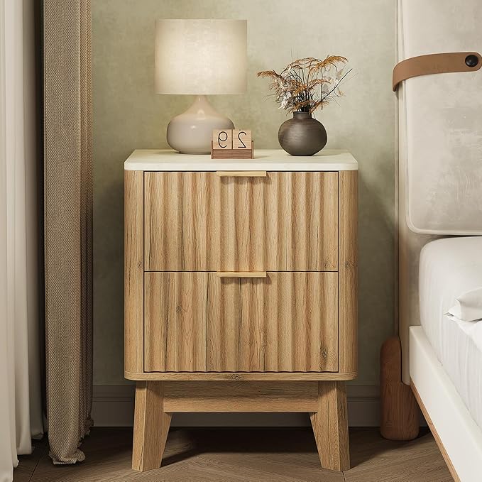 Fluted Nightstand with Faux Marble Top,Modern End Table with Metal Handles,2 Storage Drawers Side Table, Bedside Table for Bedroom,Living Room, Curved Profile Design Furnitue, Natural Oak