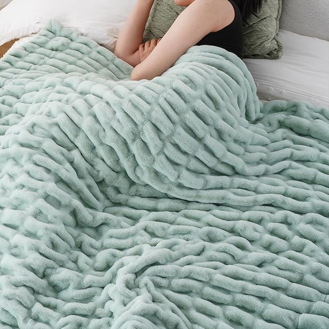 BATTILO HOME Luxury Faux Fur Throw Blanket for Couch, Super Soft Warm Cozy Plush Mink Blanket, Double Side Ruched Rabbit Fur Blanket for Bed, Sofa, Chair, 50"x60", Sage Green