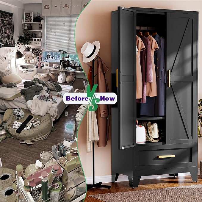 Metal Armoire Wardrobe Closet,71" Tall Black Storage Cabinet with Hanging Rod,2 Drawers & Adjustable Shelves,Heavy-Duty Steel Wardrobe for Bedroom, Garage, and Office