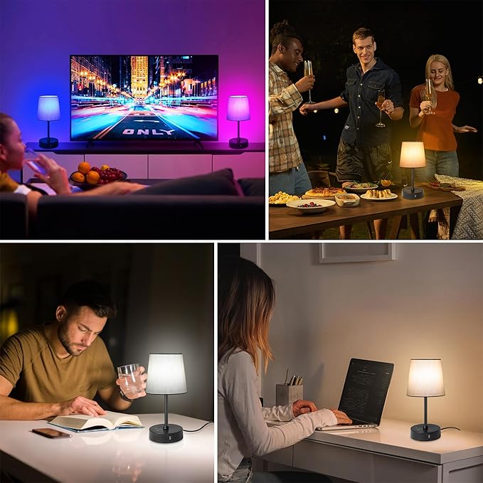 Ascher Small Bedside Table lamp, RGB Color Changing Lamps, 3 Color Temperatures Nightstand Lamps with USB C and A Ports, Touch Dimmable Desk Lamp for Bedroom Living Room(Grey Shade)