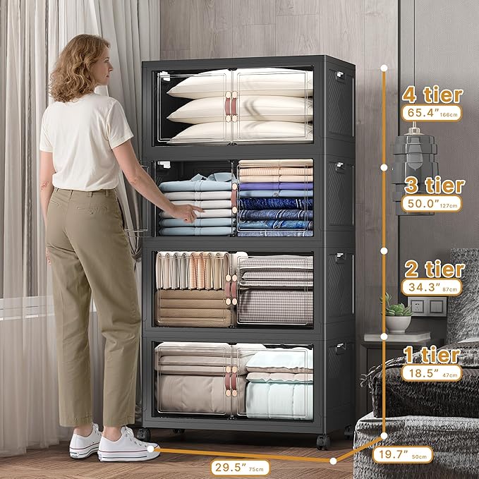 Extra Large Stackable Storage Bins with Lids&Wheels,1320QT-165QT/41GAL*8Pack Collapsible Container Closet Organizers,Plastic Stackable Storage drawers for bedroom Dorm