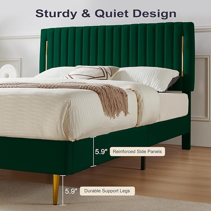 King Platform Bed Frame, Velvet Upholstered Bedframe with Vertical Channel Adjustable Headboard, Golden Plating Trim, Mattress Foundation with Wooden Slats, No Box Spring Needed, Green