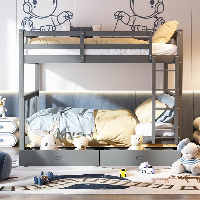 Merax Wood Bunk Bed with Drawers,Convertible Wood Bunk Bed with Ladders and Two Storage Drawers,Solid Wood Detachable Bed Frame with Ladders,Full Over Full,Grey
