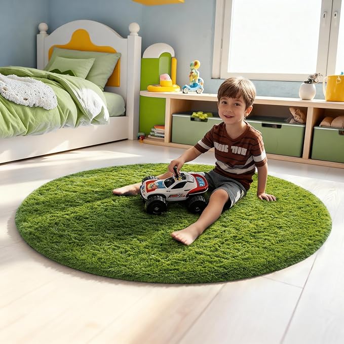 Ophanie Round Rug 4Ft Green Circle Area Rug, Green Room Decor, Fluffy Fuzzy Bedroom Carpet, Plush Soft Shaggy Living Room Rugs for Kids Home Decor Aesthetic, Nursery