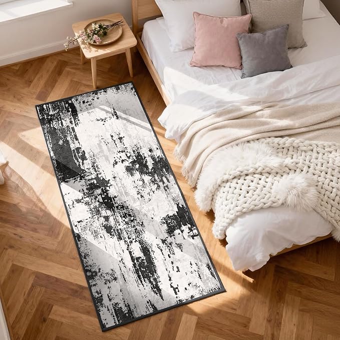 Machine Washable Runner Rug 2x6: Non Slip Hallway Rug Low Pile Kitchen Runner Soft Abstract Rug with Rubber Backing for Entryway Bedroom Bathroom Farmhouse Laundry Living Room Black White 2x6