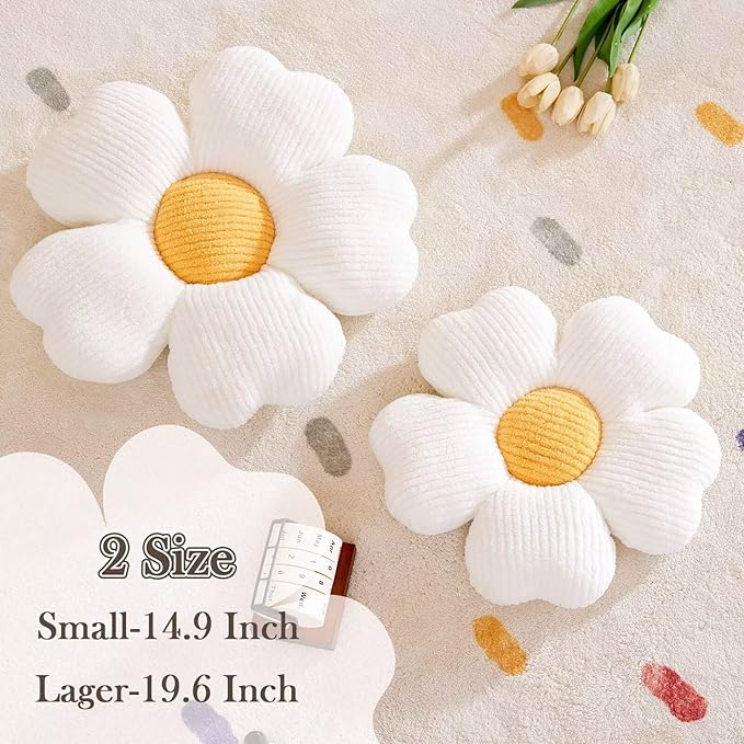 Kcvvcr Flower Throw Pillow, Cute Flower Shaped Pillow Decorative Throw Pillow for Bed Couch, Soft Daisy Pillows Floor Seating Cushion Cushions (19.6 Inch White+Yellow)