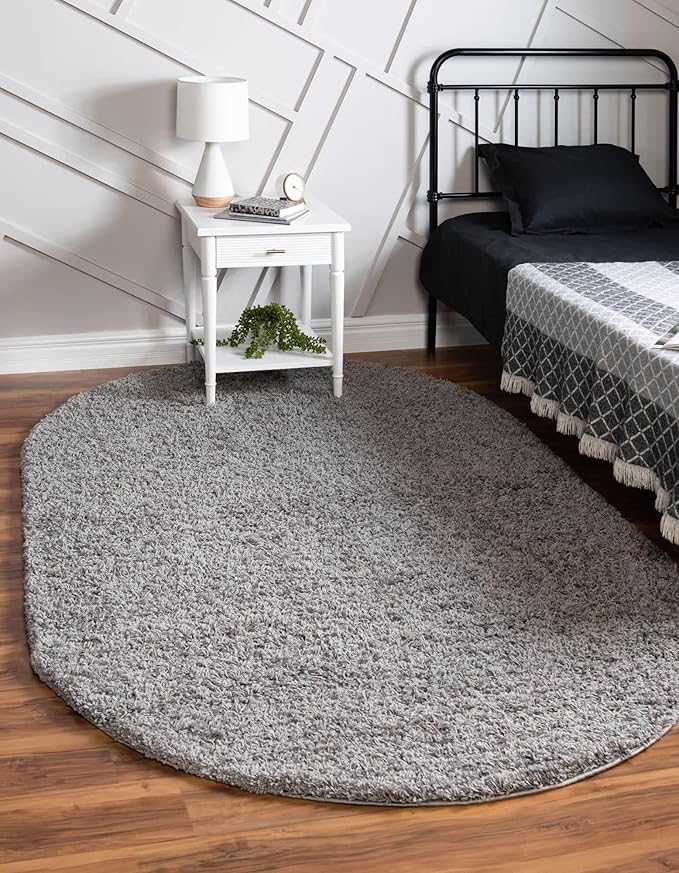 Unique Loom Solid Shag Collection Area Rug (5' 1" x 8' Oval, Cloud Gray)